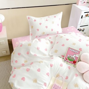 Lenjerie pat 1 PERSOANA, FINET, 4 piese, Alb-Roz, inimioare