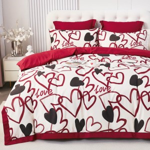 Lenjerie de Pat Dublu, Super Premium,  Finet Ranforsat – Set Exclusivist 6 Piese, Ambalat în Cutie de Lux, Alb, Rosu, inimioare