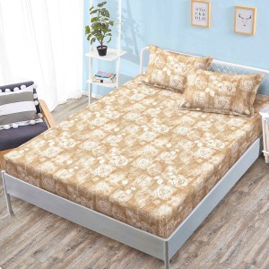 Cearsaf cu elastic, FINET, 160x200cm, 2 fete de perne 50x70cm, Bej, Alb, Trandafiri – confort și eleganță pentru patul tău