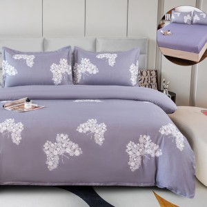 Lenjerie pat dublu, bumbac satinat,  cu ELASTIC, 4 PIESE, movuriu, fluturi