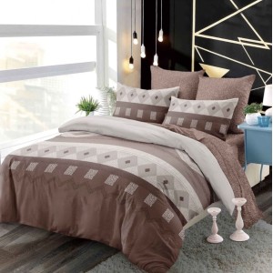 Lenjerie pat dublu,  FINET, cu elastic, 6 piese, Bej, Maro, Forme Geometrice