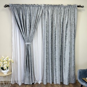 Set 2 bucati Draperie Catifea MYKONOS cu valuri rafinate aurii, Gri deschis - V12, 200cm latime x 2.5m inaltime, cu tiv lat