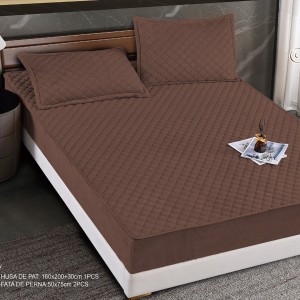 Husă Matlasată Tip Topper din Catifea 160x200cm, cu 2 Fețe de Pernă 50x70cm -  Somn Odihnitor și Susținere pentru Spate, Maro