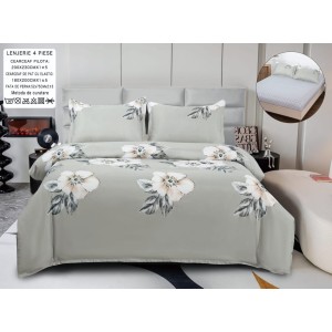 Lenjerie pat dublu, bumbac satinat,  Cearșaf cu ELASTIC 180x200cm, 4 PIESE, Gri, flori