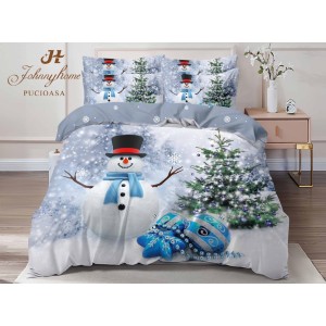 Lenjerie pat dublu,  FINET, Digital Print, Craciun, Gri, Bleu, om de zăpadă, brad