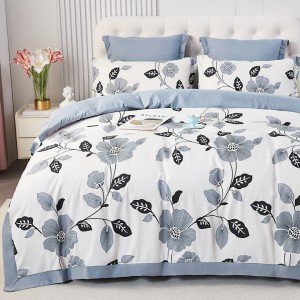 Lenjerie de Pat Dublu, Super Premium,  Finet Ranforsat – Set Exclusivist 6 Piese, Ambalat în Cutie de Lux, Alb, Bleu, flori