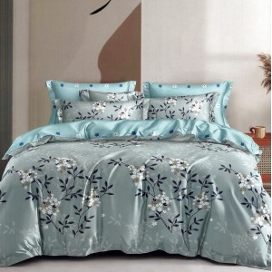 Lenjerie pat dublu,  FINET, 6 piese, Bleu, flori, frunze