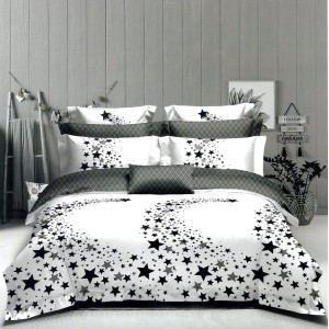 Lenjerie pat dublu,  FINET, 6 piese, cu ELASTIC, Gri, stelute