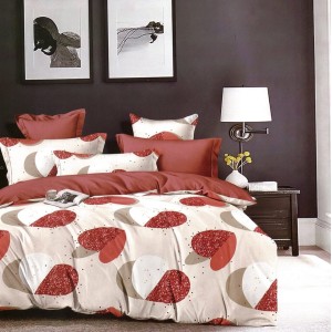 Lenjerie pat dublu,  FINET, 6 piese, cu ELASTIC, Bej-Rosu, inimioare