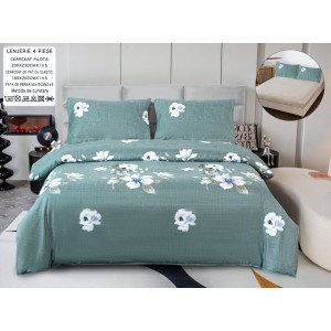 Lenjerie pat dublu, bumbac satinat,  Cearșaf cu ELASTIC 160x200cm, 4 PIESE, Verde, flori