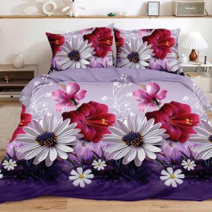 Lenjerie pat dublu, 4 piese, IMPRIMEU 3D Multiplicat Multiplicat, Microfibra, Mov, flori