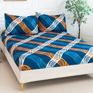 Cearsaf cu elastic, Bumbac Satinat, 160/180x200cm, 2 fete de perne 50x70cm, Albastru, dungi