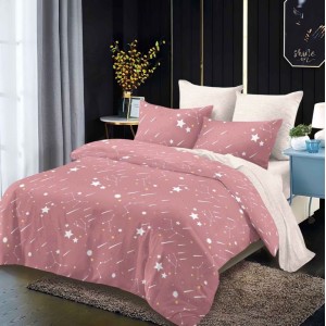 Lenjerie pat dublu,  FINET, cu elastic, 6 piese, Roz, Alb, Ploaie de Stele