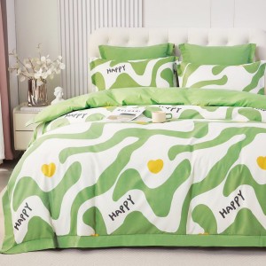Lenjerie de Pat Dublu, Super Premium,  Finet Ranforsat – Set Exclusivist 6 Piese, Ambalat în Cutie de Lux, Alb, Verde, Happy