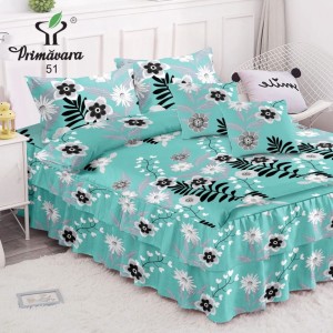 Lenjerie pat dublu,  FINET, 6 piese, cu VOLANASE, Turquoise, flori