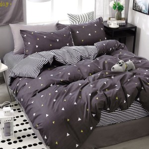 Lenjerie pat 1 PERSOANA, 4 piese, cu ELASTIC,  Gri, forme geometrice