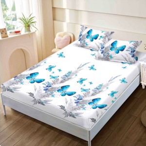 Cearsaf cu elastic, FINET, 160x200cm, 2 fete de perne 50x70cm, Alb, Albastru, Fluturi – confort și eleganță pentru patul tău