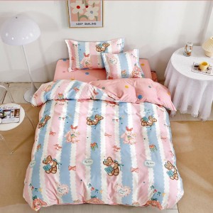 Lenjerie pat 1 PERSOANA,  FINET, 4 piese, cu ELASTIC, Roz-Bleu, ursuleti, fundite