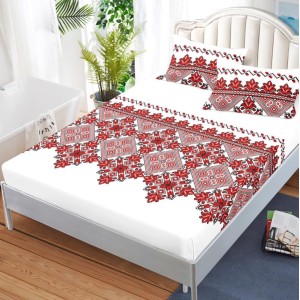 Cearsaf cu elastic, FINET, 180x200cm, 2 fete de perne 50x70cm, Alb-Rosu, model traditional