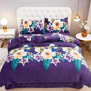 Lenjerie pentru Pat Dublu, Cocolino Premium, 4 Piese – Plușată, Groasă, și Călduroasă, Ideală pentru Iarnă –  Confort Maxim, Antișifonare, Mov, flori