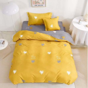 Lenjerie pat 1 PERSOANA,  FINET, 4 piese, cu ELASTIC, Galben, inimioare