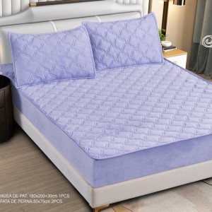 Husă Matlasată Tip Topper din Catifea 180x200cm, cu 2 Fețe de Pernă 50x70cm -  Somn Odihnitor și Susținere pentru Spate, Lila