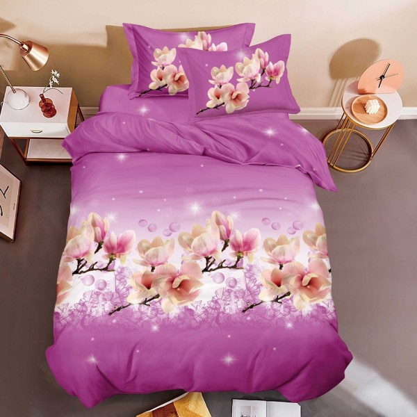 Lenjerie pat 1 PERSOANA, 3 piese, IMPRIMEU 3D Multiplicat, Microfibra, Roz, magnolii [1]