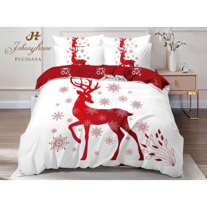 Lenjerie pat dublu,  FINET, Digital Print, Craciun, Alb, Roșu, ren