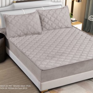 Husă Matlasată Tip Topper din Catifea 180x200cm, cu 2 Fețe de Pernă 50x70cm -  Somn Odihnitor și Susținere pentru Spate, Grej