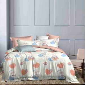 Lenjerie pat 1 PERSOANA,  FINET, 4 piese, Jojo Home, Crem-Portocaliu, inimioare, iepurasi