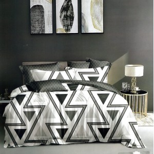 Lenjerie pat dublu,  FINET, 6 piese, cu ELASTIC, Gri, forme geometrice
