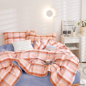 Lenjerie pat dublu, BUMBAC 100% Percal, cu Elastic, 4 piese, Cărămiziu, Cenușiu, Carouri