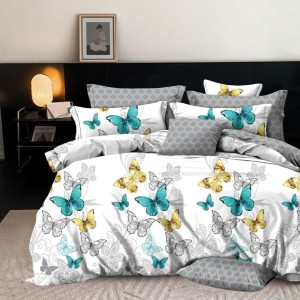 Lenjerie pat dublu,  FINET, 6 piese, Gri-Turquoise, fluturi