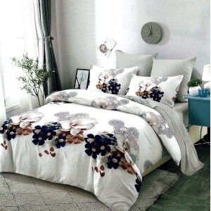 Lenjerie pat dublu,  FINET, 6 piese, cu ELASTIC, Gri-Albastru, flori