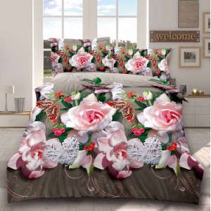 Lenjerie pat dublu, 4 piese, IMPRIMEU 3D Multiplicat Multiplicat, Microfibra, Grej-Roz, flori, fluturi