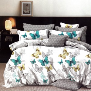 Lenjerie pat dublu,  FINET, 6 piese, cu ELASTIC, Gri-Turquoise, fluturi