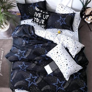 Lenjerie pat dublu cu doua feţe, bumbac satinat, 4 piese,  Bleumarin, stele