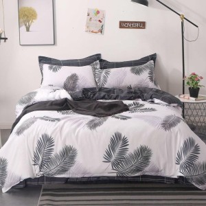 Lenjerie pat dublu, bumbac satinat,  cu elastic, alb, gri, frunze