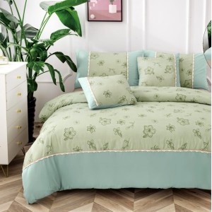 Lenjerie pat dublu,  Finet, CEARSAF CU ELASTIC, 6 piese, Verde, model floral