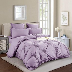 Lenjerie pat dublu,  Soft Touch, 6 piese, ELASTIC, cu VOLANASE si INIMIOARE BRODATE, Lila