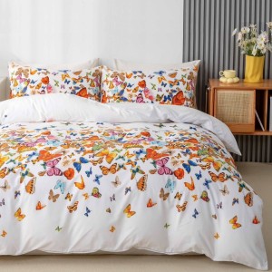 Lenjerie pat 1 PERSOANA, 4 piese, cu ELASTIC,  Alb, fluturasi