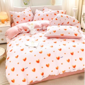 Lenjerie pat 1 PERSOANA,  Soft Touch CREPONAT DELUXE, 4 piese, cu ELASTIC, Somon, inimioare