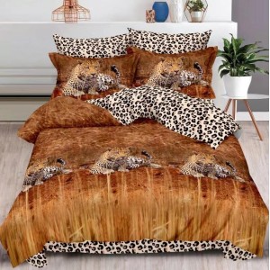 Lenjerie pat dublu,  FINET, 6 piese, Maro, leoparzi