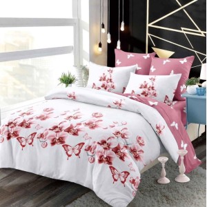 Lenjerie pat dublu,  FINET, cu elastic, 6 piese, Gri, Roz, orhidee, fluturi