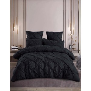 Lenjerie de Pat Premium din  Finet cu Pliuri Brodate, 6 Piese, Nesifonabilă și Durabilă, Negru