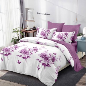 Lenjerie pat dublu,  FINET, cu elastic, 6 piese, Lila, fluturi, flori