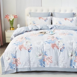 Lenjerie de Pat Dublu, Super Premium,  Finet Ranforsat – Set Exclusivist 6 Piese, Ambalat în Cutie de Lux, Gri, Bleu, flori