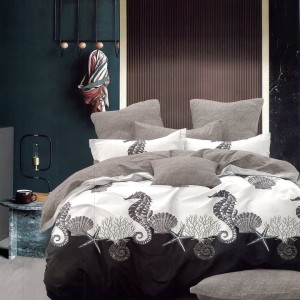 Lenjerie pat dublu,  FINET, 6 piese, Gri, scoici, caluti de mare, corali