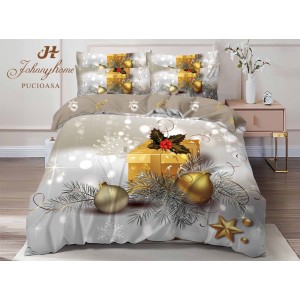 Lenjerie pat dublu,  FINET, Digital Print, Craciun, Gri, Auriu, cadouri