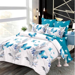 Lenjerie pat dublu,  FINET, cu elastic, 6 piese, Alb, Albastru, Fluturi